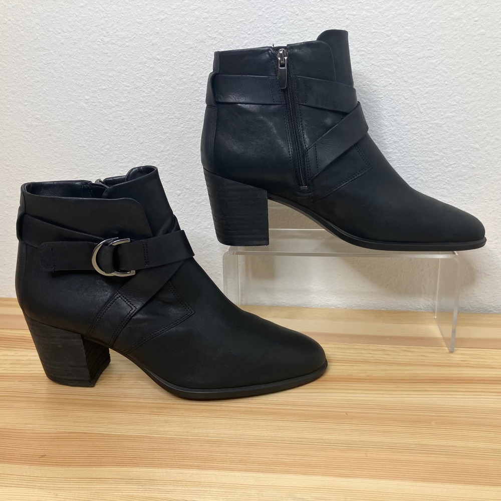 ECCO Sartorelle Shape 55 Women 41 10.5 Black Leather Buckle Booties Block Heel